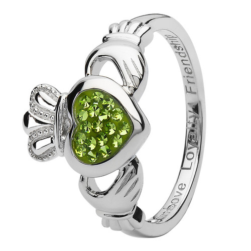 Claddagh Silver Ring Encrusted With Peridot Crystal