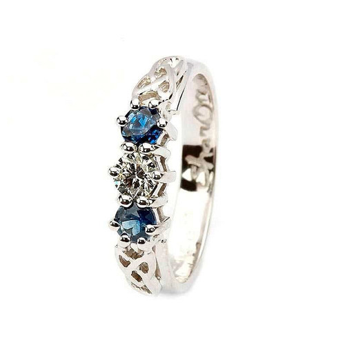 Sapphire and diamond celtic ring 14k white gold 3 stone