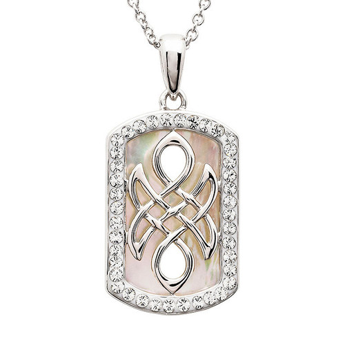 Sterling Silver Mother of Pearl Celtic Knot Medallion Pendant with White Crystals