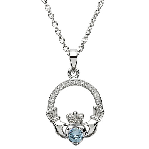 Claddagh Birthstone March Pendant Adorned With Crystal