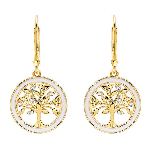 Gold Vermeil Celtic Tree of Life Earrings with Enamel and Cubic Zirconia Detail