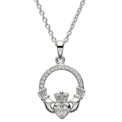 Platinum Plated April Claddagh Pendant Swarovski