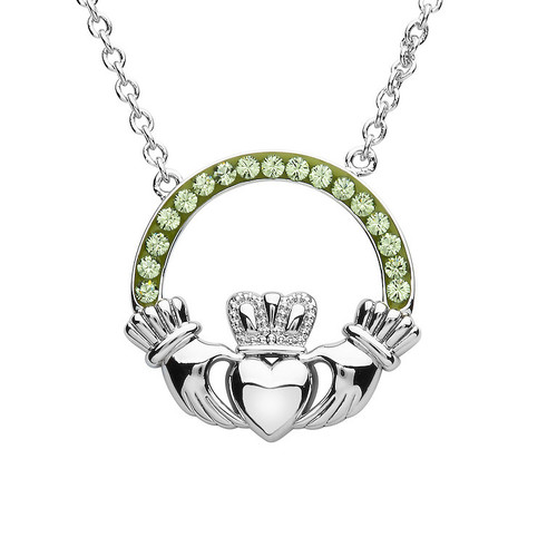 Platinum Plate Peridot Claddagh Pendant Swarovski
