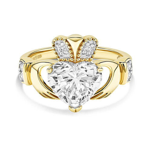 14kt Yellow Gold Claddagh Ring Heart-Shaped Lab Diamonds