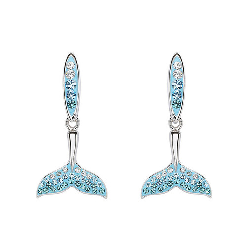 Sterling Silver Whale Tail Earrings with Aqua and White Crystals