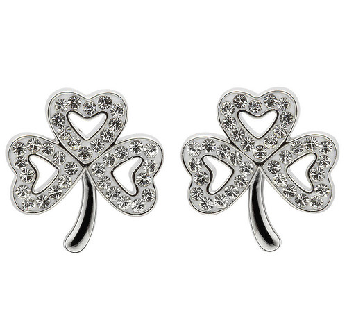 Platinum Plate White Shamrock Small Stud Earrings Swarovski