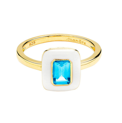 14kt Gold Vermeil Genuine Blue Topaz White Enamel Ring