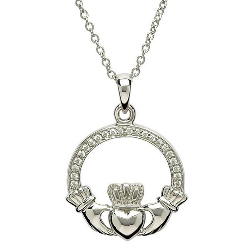 Silver Stone Set Claddagh Necklace