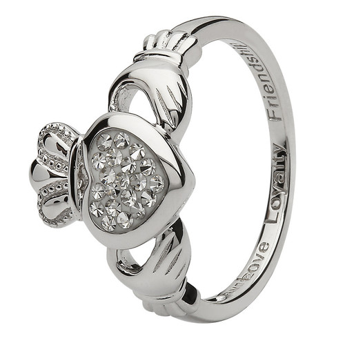 Claddagh Silver Ring Encrusted With White Crystal
