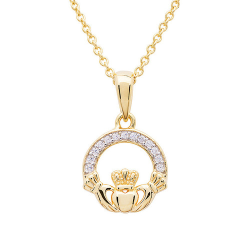 14KT Gold Vermeil Claddagh Necklace Studded with White Cubic Zirconias