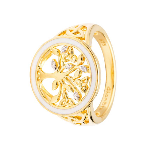 Gold Vermeil Celtic Tree of Life Ring with Enamel and Cubic Zirconia Detail