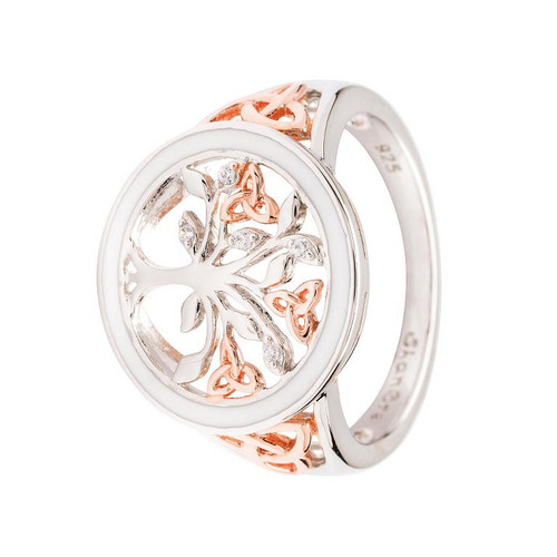 Sterling Silver Celtic Tree of Life Ring with Enamel Cubic Zirconia and Rose Gold Detail