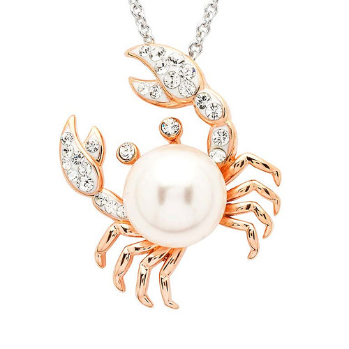 Sterling Silver Pearl Crab Necklace with White Crystals and Rose Gold