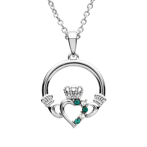 Platinum Plated Green/wh Claddagh Pendant Swarovski