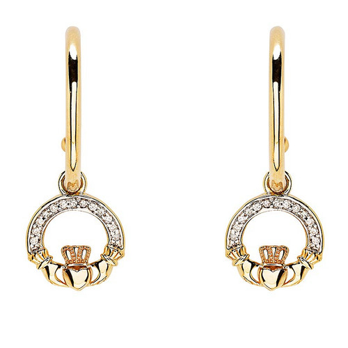 14kt Yellow Gold Lab Grown Diamond Claddagh Drop Earrings