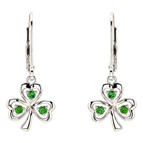 Sterling Silver with Emerald Cubic Zirconia Shamrock Drop Earrings
