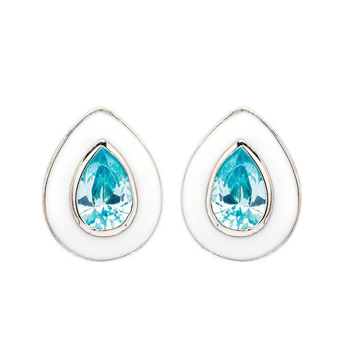 Sterling Silver Aqua CZ with white Enamel Earrings
