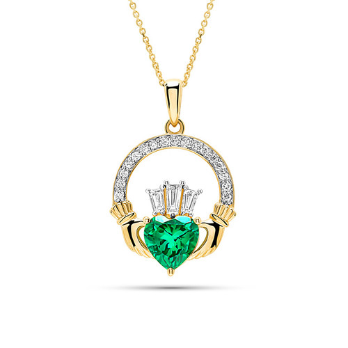 14kt Gold Lab emerald and Diamond Claddagh Medium Necklace