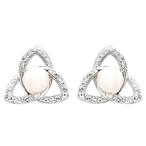 Platinum Plated Trinity Pearl and Crystal Stud Earrings