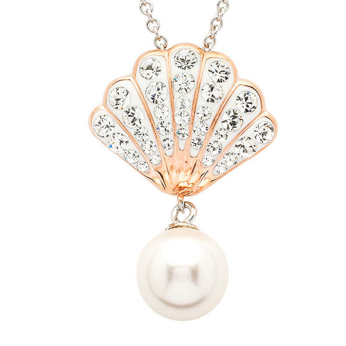 Sterling Silver Pearl and Rose gold Shell Necklace with white crystals