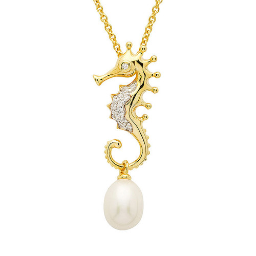14KT Gold Vermeil Pearl Seahorse Necklace with White Cubic Zirconia