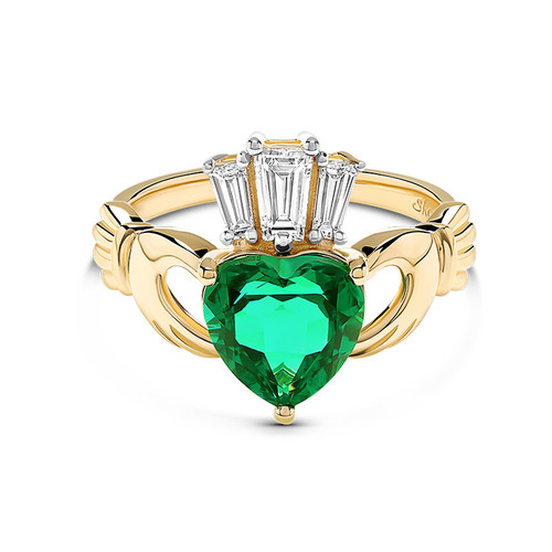 14kt Gold Lab Emerald and Diamond Claddagh ring