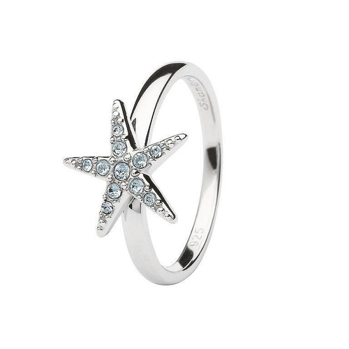 Aqua Starfish Ring Encrusted with White Crystal