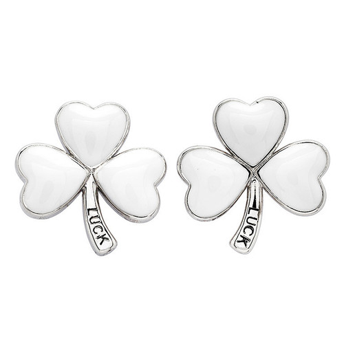 Platinum Plated Shamrock white Enamel Earrings
