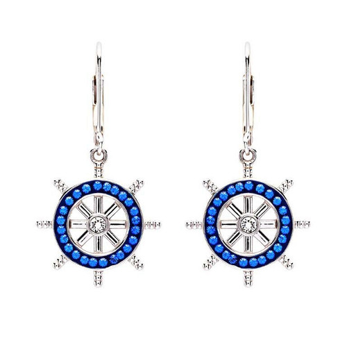 Sterling Silver Sapphire Crystal Ships Wheel Drop Earrings