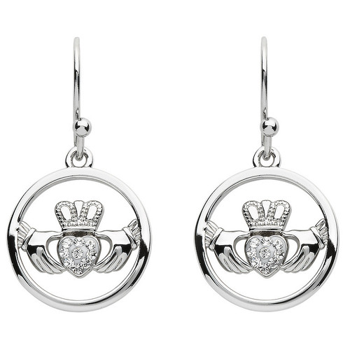 Platinum Plate White Claddagh Earrings Swarovski