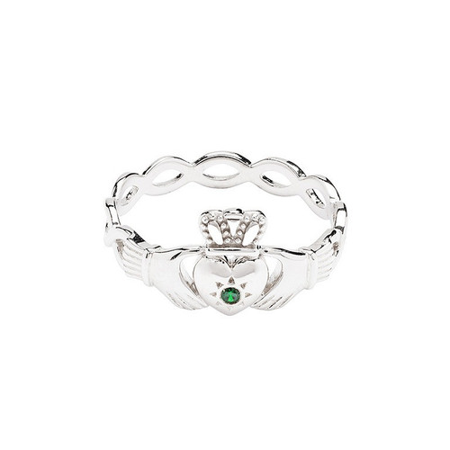 Sterling Silver Claddagh Ring with Green Cubic Zirconia
