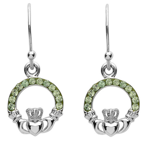 Platinum Plate Peridot Claddagh Small Drop Earrings Swarovski