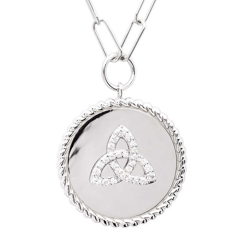 Sterling Silver Paperclip Celtic Trinity Knot Medallion Necklace with White Cubic Zirconia