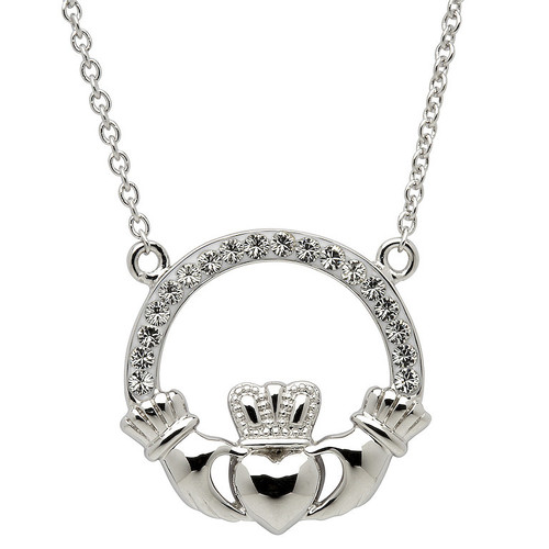 Platinum Plate White Claddagh Pendant Swarovski