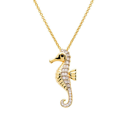 14K Gold Vermeil Seahorse Necklace with Cubic Zirconias