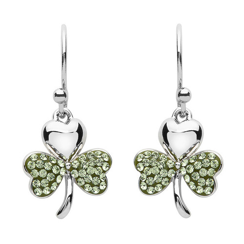 Platinum Plate Peridot Shamrock Earrings Swarovski