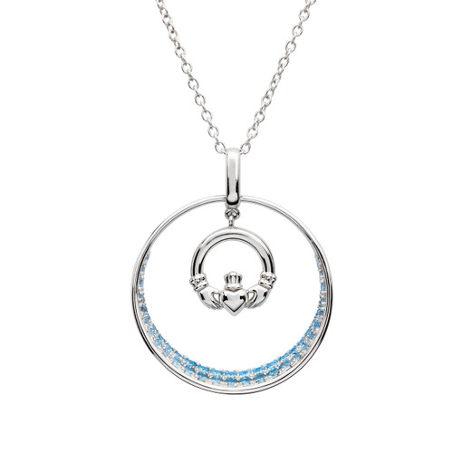 Sterling Silver Aqua Claddagh Necklace