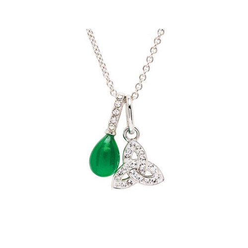 Sterling Silver Crystal and Green Agate Trinity Necklace
