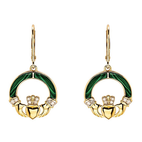 14kt Yellow Gold Lab Grown Diamond Malachite Claddagh Earrings