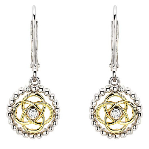 Sterling Silver with CZ Celtic Love Knot Drop Earrings Gold Plated Detail