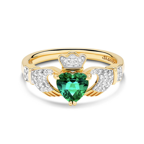 14kt Yellow Gold Claddagh Ring Emerald Heart and Lab Diamonds
