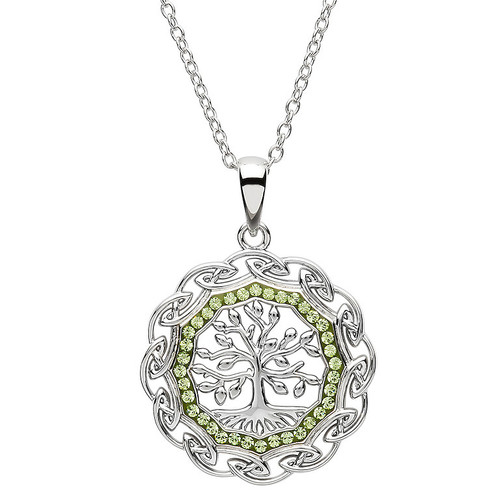 Platinum Plated Tree of Life Peridot Pendant Swarovski