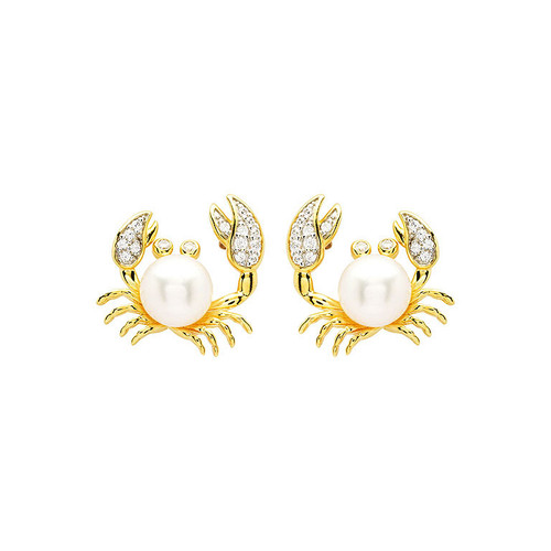 14KT Gold Vermeil Pearl Crab Earrings with White Cubic Zirconia