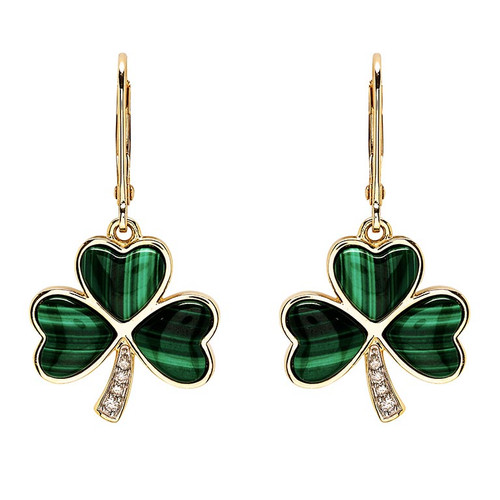 14kt Gold Lab Grown Diamond Malachite Shamrock Earrings