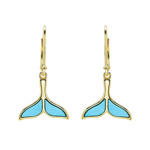 14K Gold Vermeil Mini Whale Tail Drop Earrings With Turquoise