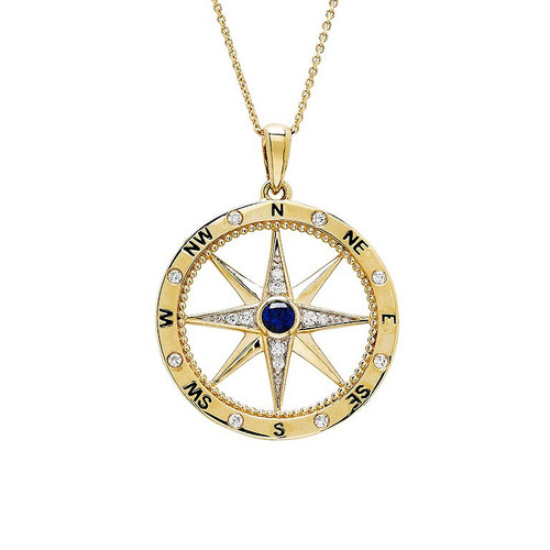 14kt Gold Lab Grown Diamond Blue Sapphire Compass Necklace