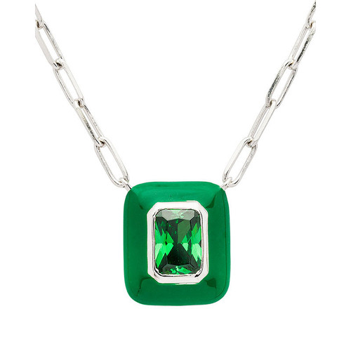 Sterling Silver Green CZ white Green Enamel Necklace