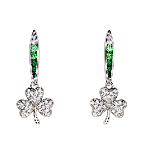 Sterling Silver Shamrock Dangle Earrings with Green and White CZ