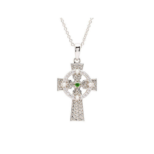 Sterling Silver White and Green CZ Celtic Cross Pendant