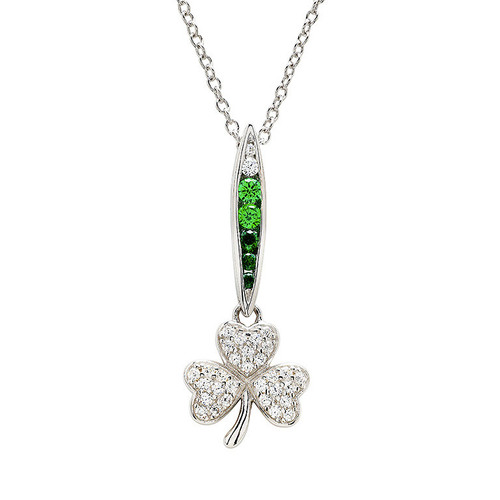 Sterling Silver Shamrock Necklace with Green and White CZ